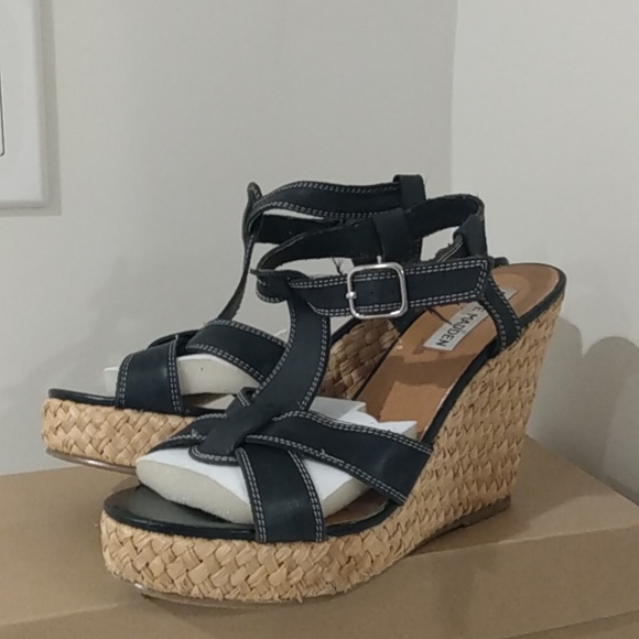 Steve Madden Navy Blue Ankle Strap Platform Wedge - Picture 3 of 15